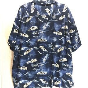 Caribbean Mens XL Blue Silk Blend Yacht Palm Tree Nautical Hawaiian Camp Shirt